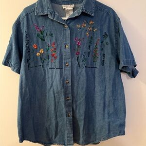 Lands' End Women's Blue Embroidered Button Down Shirt